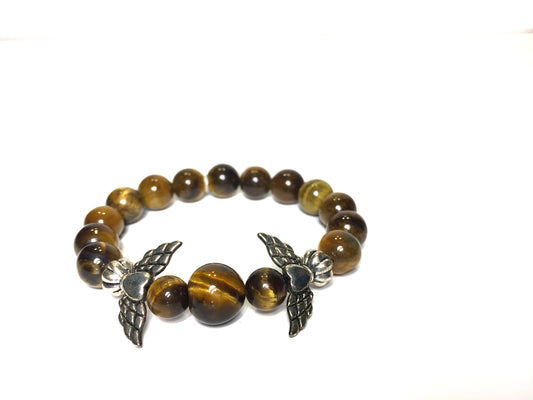 Tiger Eye Bracelet With Winged Hearts