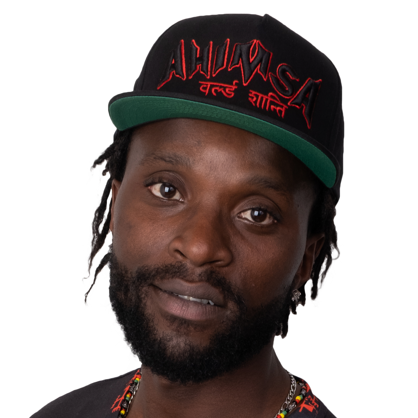 Sanskrit High Profile Five Panel Flat Bill Cap "Ahimsa WORLD PEACE" -PEACE GANG