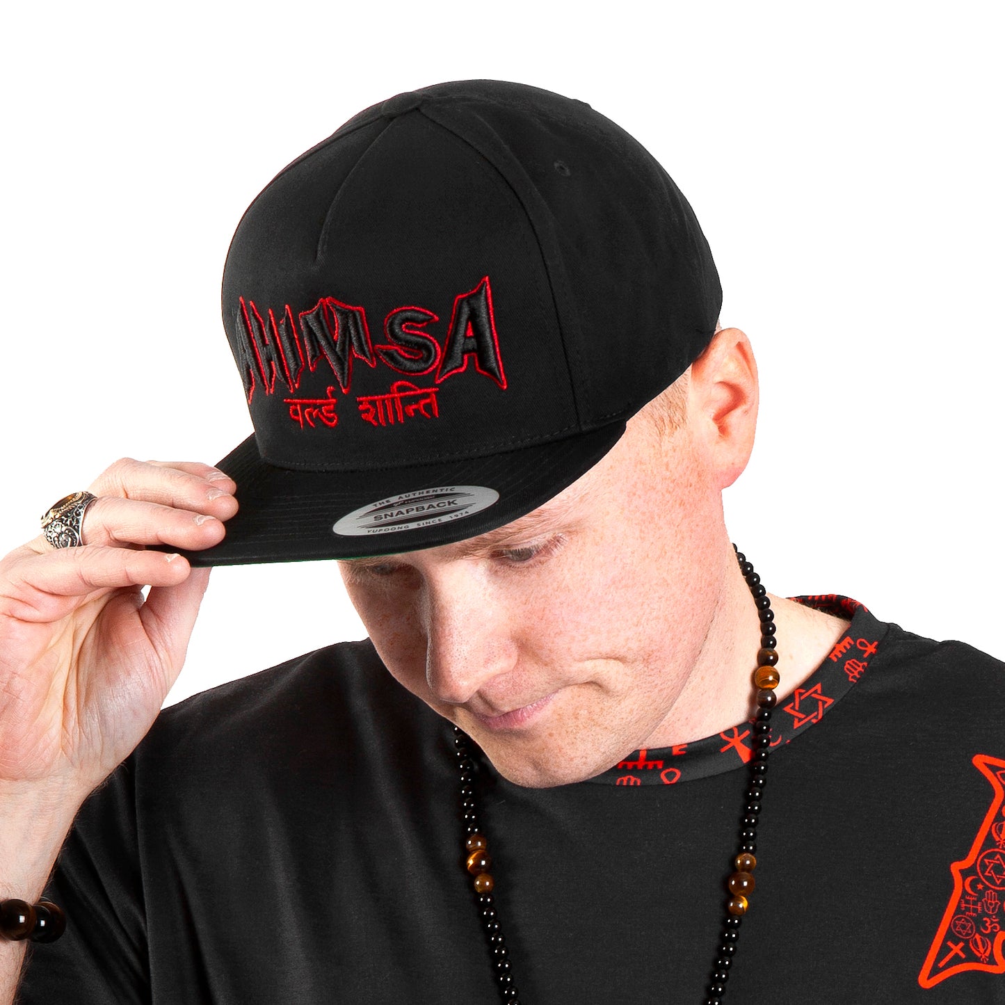 Sanskrit High Profile Five Panel Flat Bill Cap "Ahimsa WORLD PEACE" -PEACE GANG