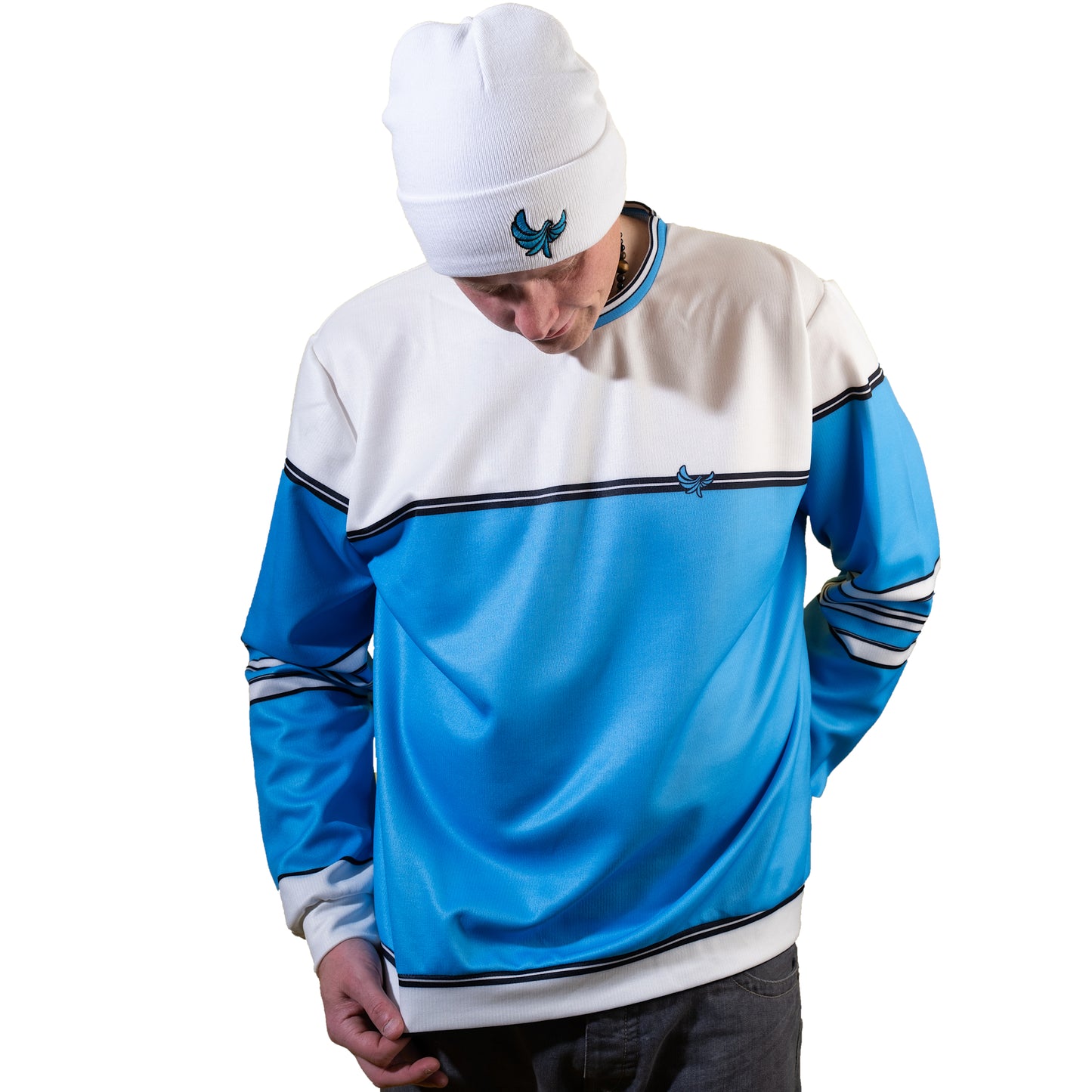 Crewneck Unisex Fashion Sweater Baby Blue/White - PEACE GANG