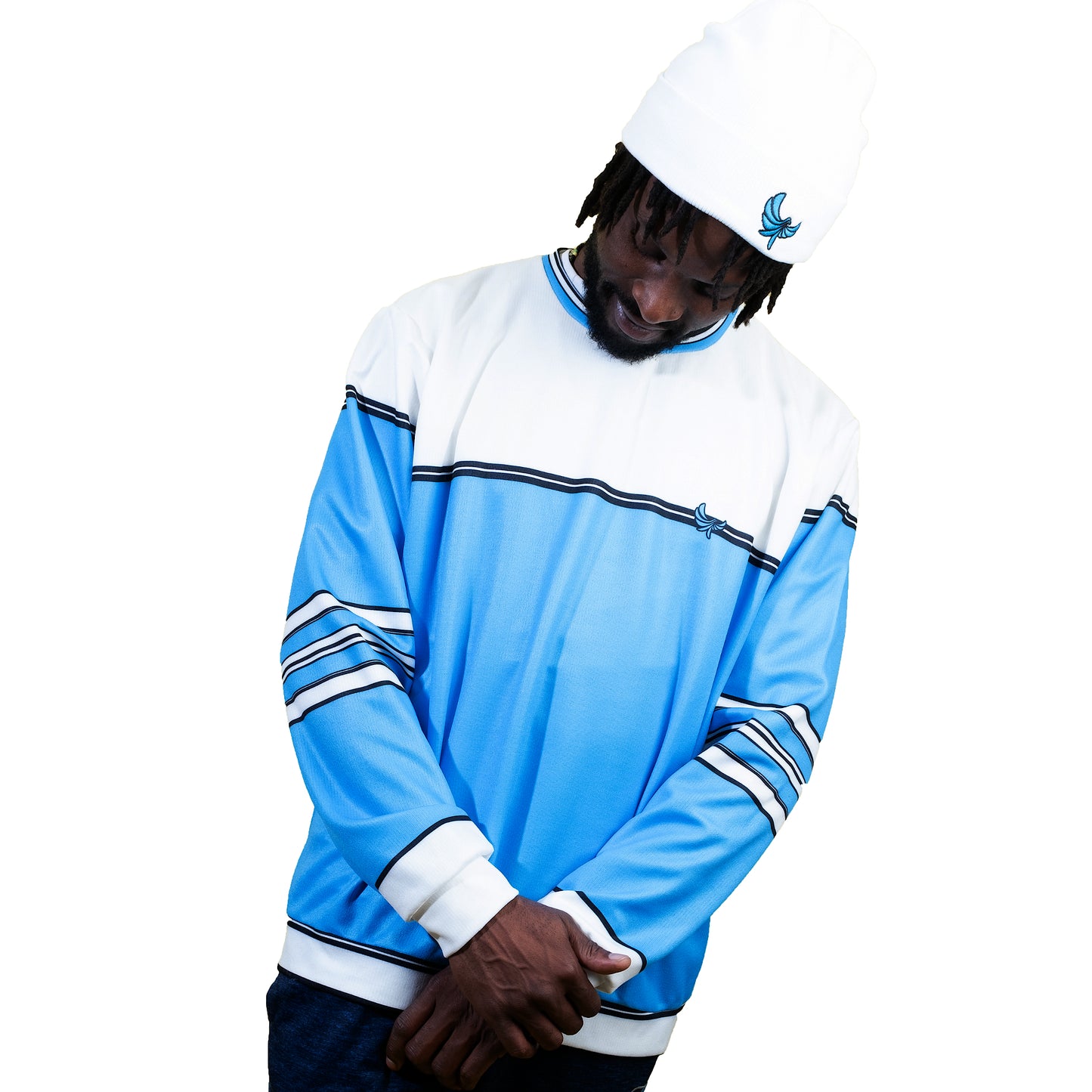 Crewneck Unisex Fashion Sweater Baby Blue/White - PEACE GANG