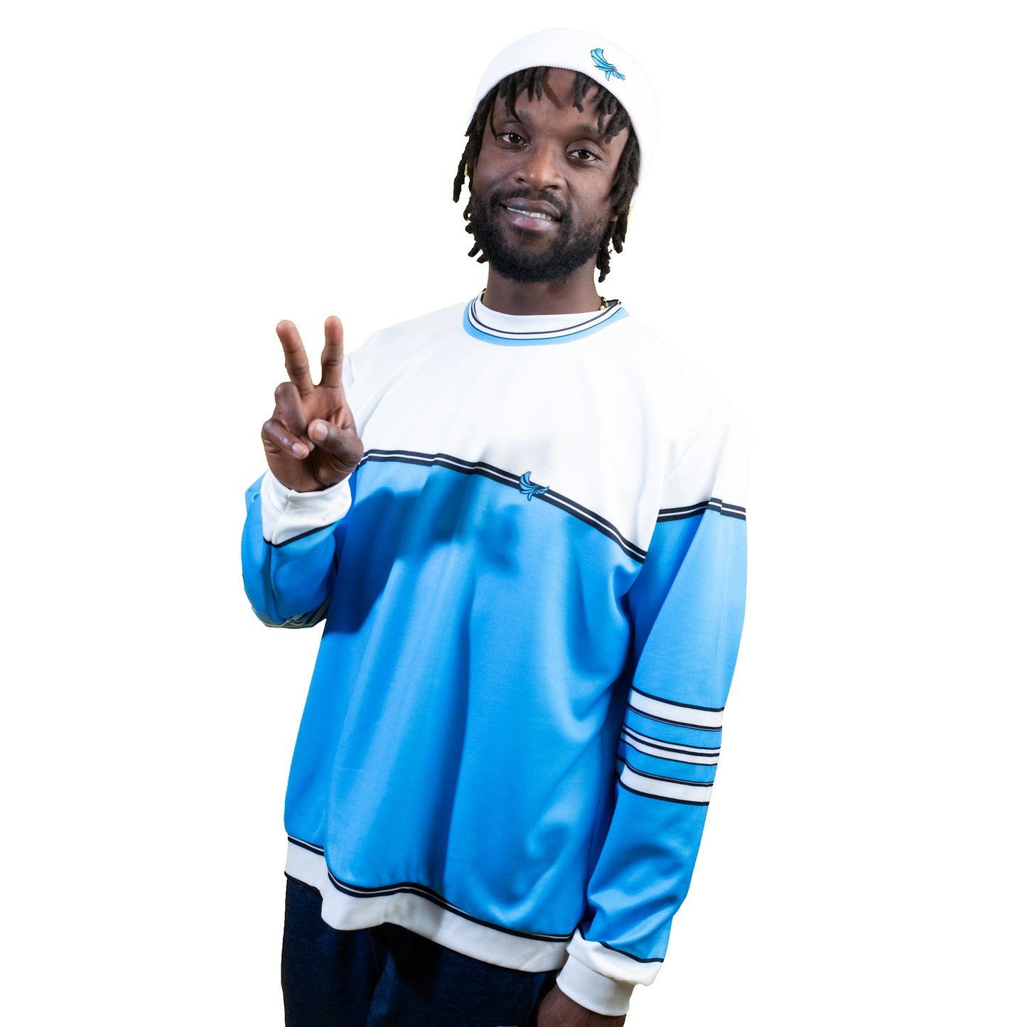 Crewneck Unisex Fashion Sweater Baby Blue/White - PEACE GANG