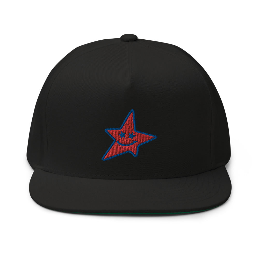 High Profile Five Panel Flat Bill Snap-Back Cap " Smiling Star " - PEACE GANG