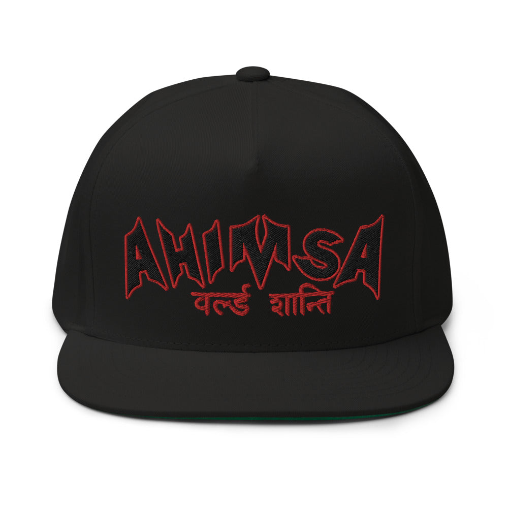 Sanskrit High Profile Five Panel Flat Bill Cap "Ahimsa WORLD PEACE" -PEACE GANG