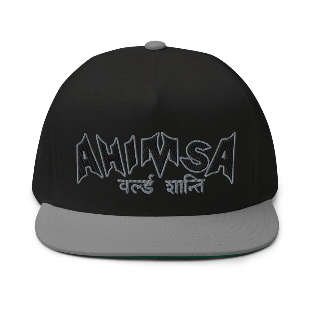 Sanskrit High Profile Five Panel Flat Bill Cap "Ahimsa WORLD PEACE" -PEACE GANG