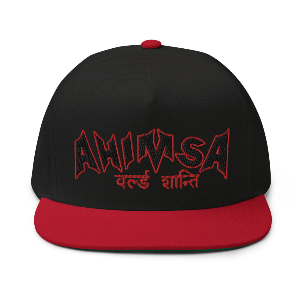 Sanskrit High Profile Five Panel Flat Bill Cap "Ahimsa WORLD PEACE" -PEACE GANG