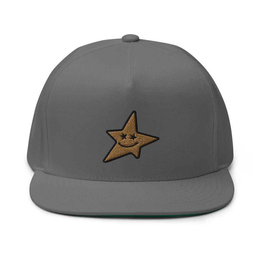 High Profile Five Panel Flat Bill Snap-Back Cap " Smiling Star " - PEACE GANG