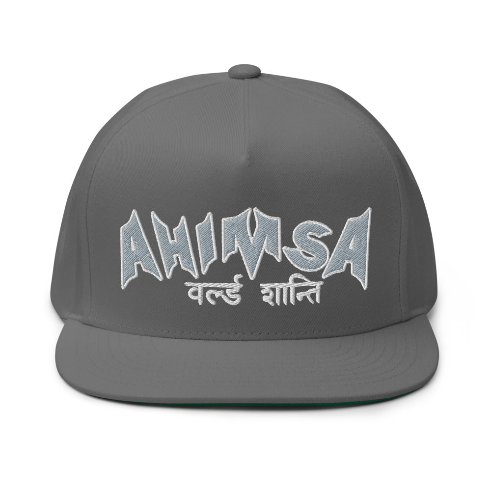 Sanskrit High Profile Five Panel Flat Bill Cap "Ahimsa WORLD PEACE" -PEACE GANG