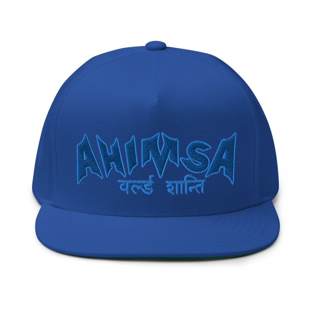 Sanskrit High Profile Five Panel Flat Bill Cap "Ahimsa WORLD PEACE" -PEACE GANG