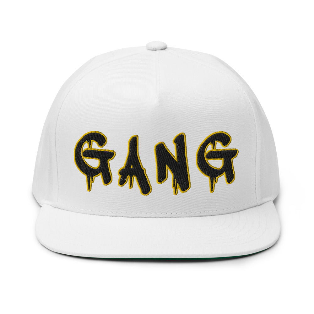 White Five Panel Snap-Back Flat Bill Cap- PEACE GANG