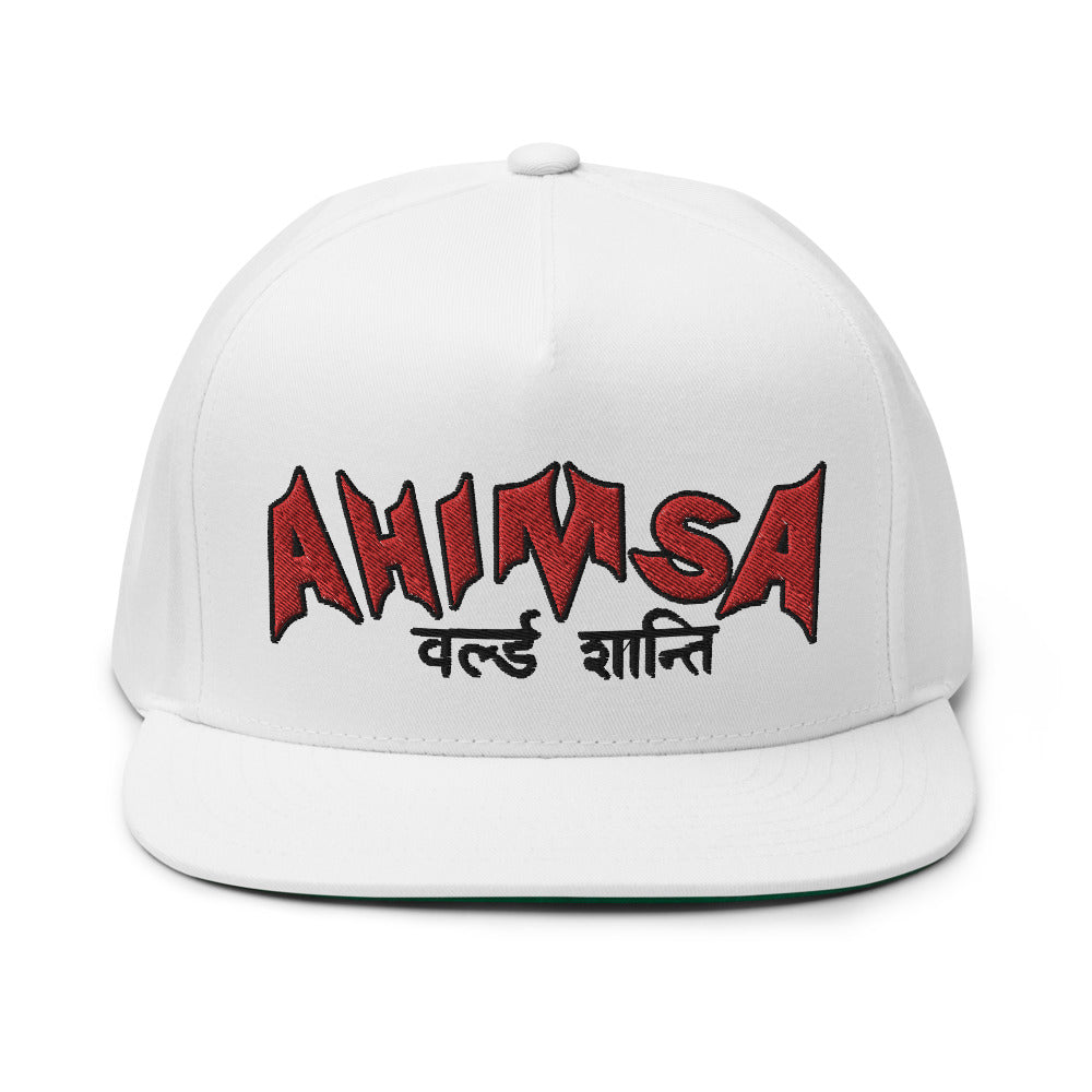 Sanskrit High Profile Five Panel Flat Bill Cap "Ahimsa WORLD PEACE" -PEACE GANG