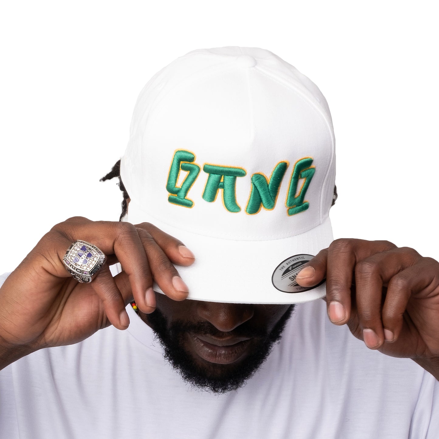 White High Profile Five Panel Snap-Back Flat Bill Cap-PEACE GANG