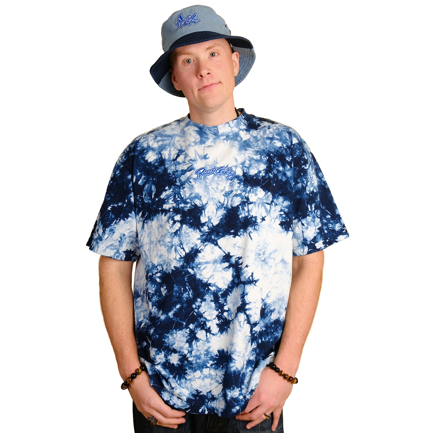 Embroidered Oversized Tie-Dye T-Shirt - PEACE GANG Cursive