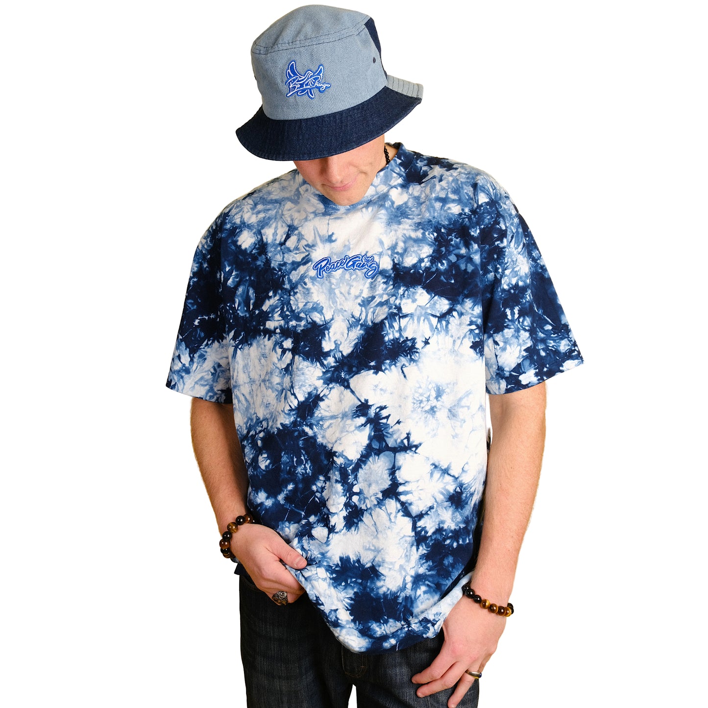 Embroidered Oversized Tie-Dye T-Shirt - PEACE GANG Cursive