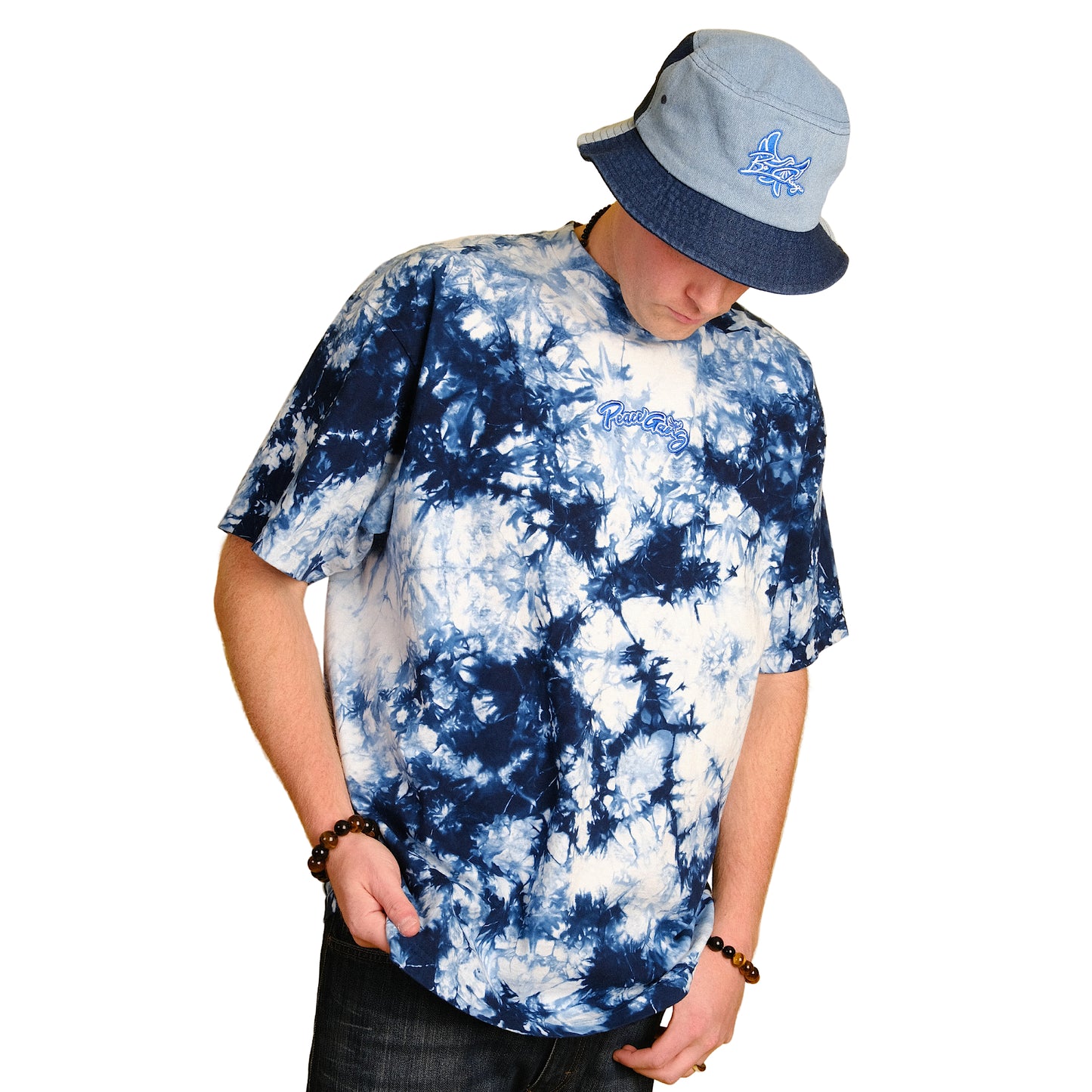 Embroidered Oversized Tie-Dye T-Shirt - PEACE GANG Cursive