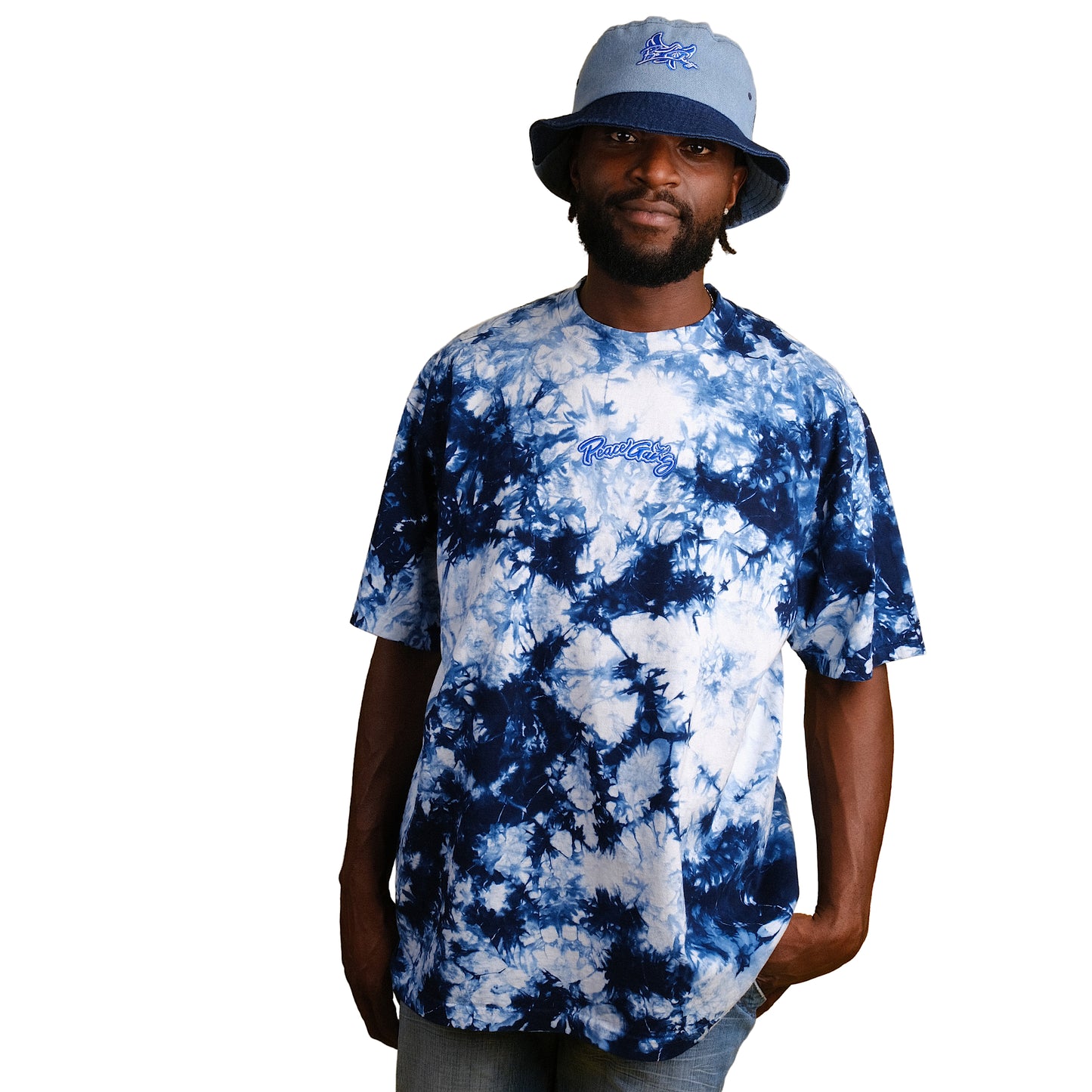 Embroidered Oversized Tie-Dye T-Shirt - PEACE GANG Cursive