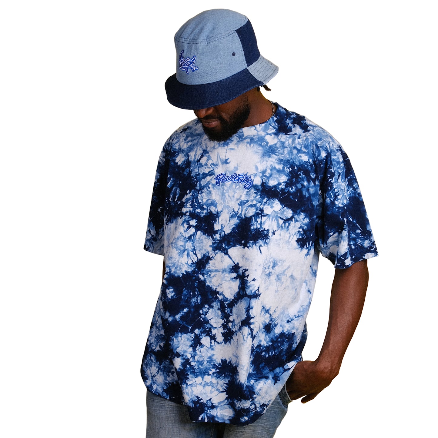 Embroidered Oversized Tie-Dye T-Shirt - PEACE GANG Cursive