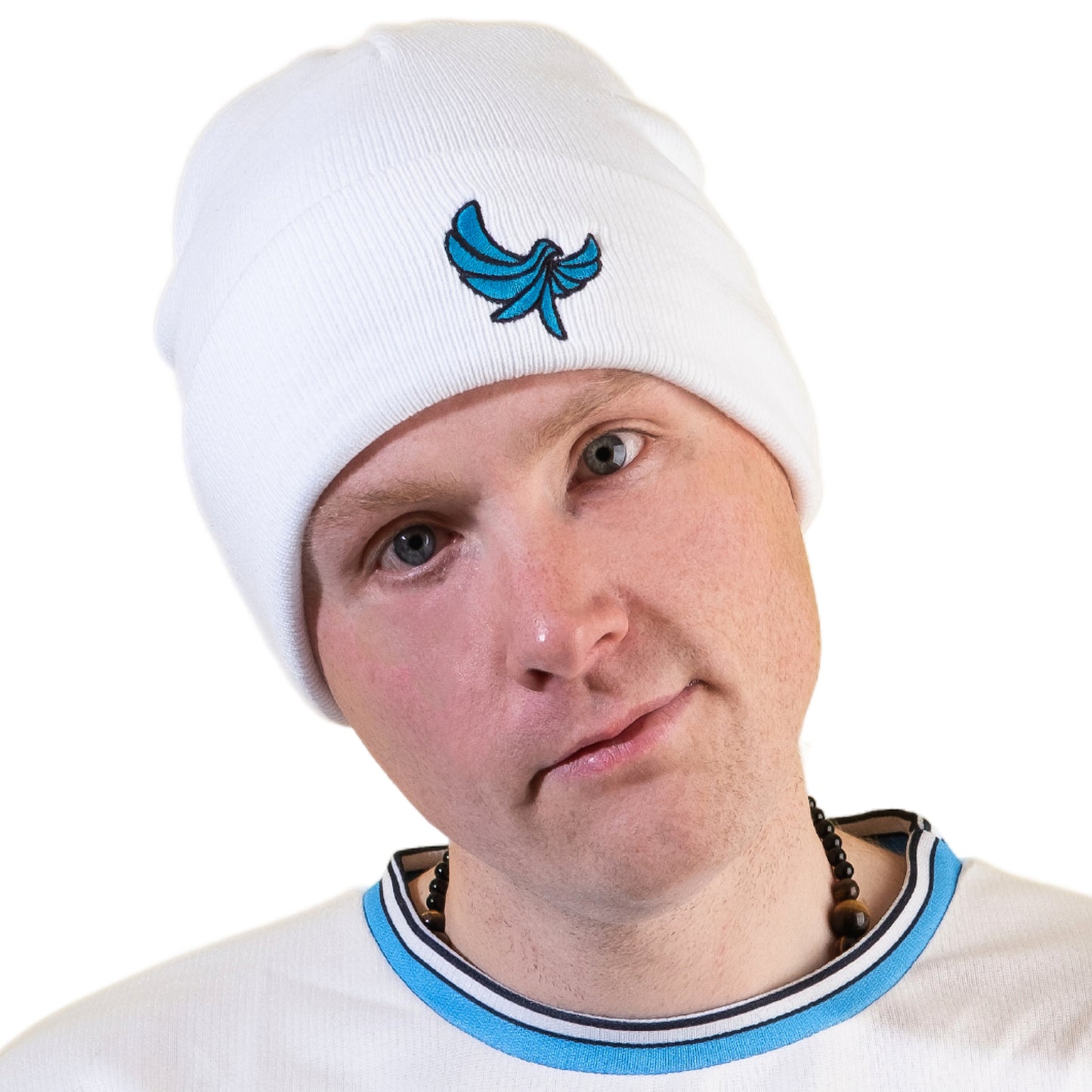 Embroidered Beanie White/Teal Blue - PEACE GANG