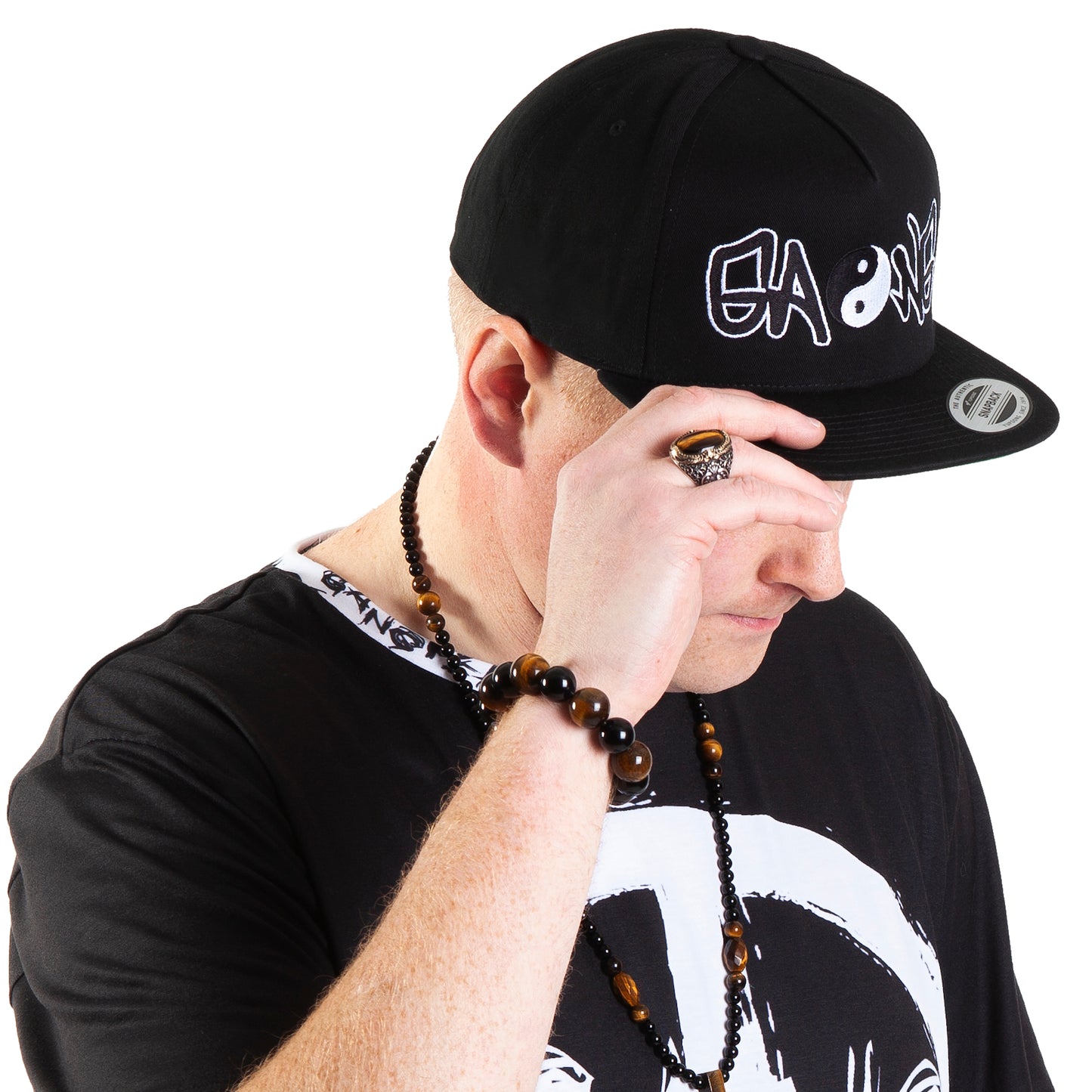 Yin Yang High Profile Five Panel Snap-Back Flat Bill Cap-PEACE GANG