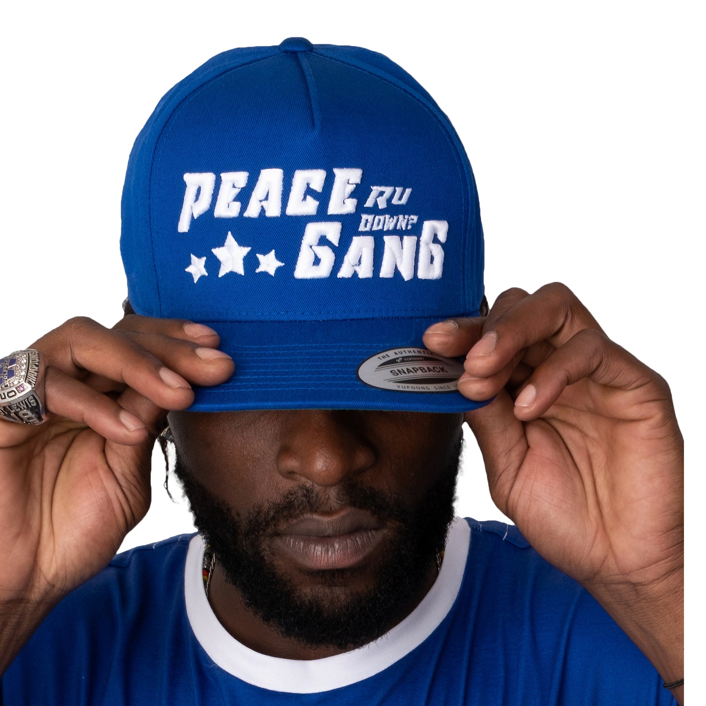 Blue Snap-Back Flat Bill Cap- PEACE GANG