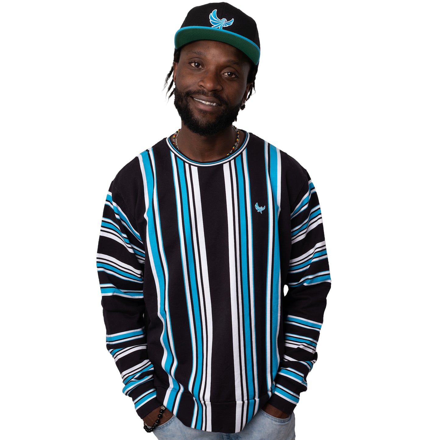 Crewneck Sweater Black/White/Blue Stripe  PEACE GANG