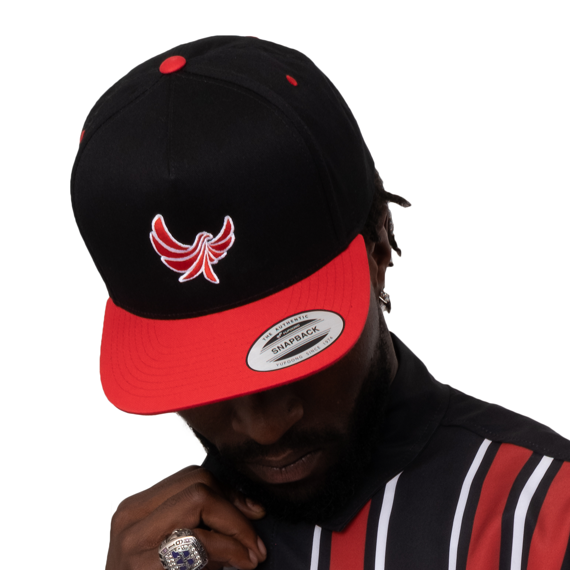 Red and Black High Profile 5 Panel Snap-Back Flat Bill Cap