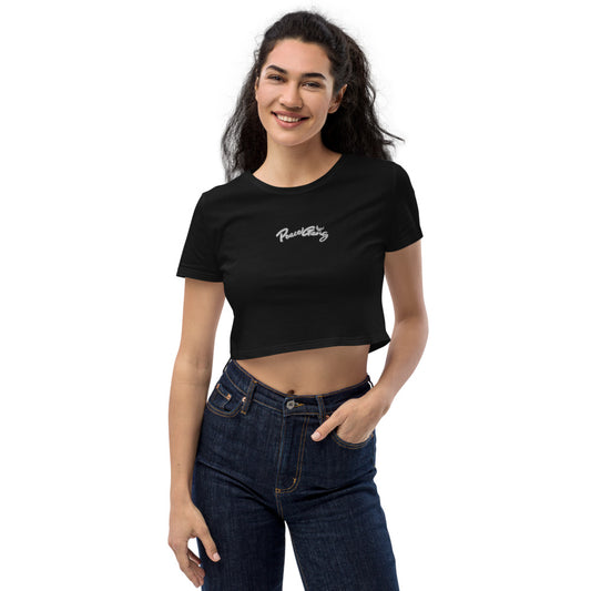 Women's Embroidered Organic Crop Top Black & White PEACE GANG