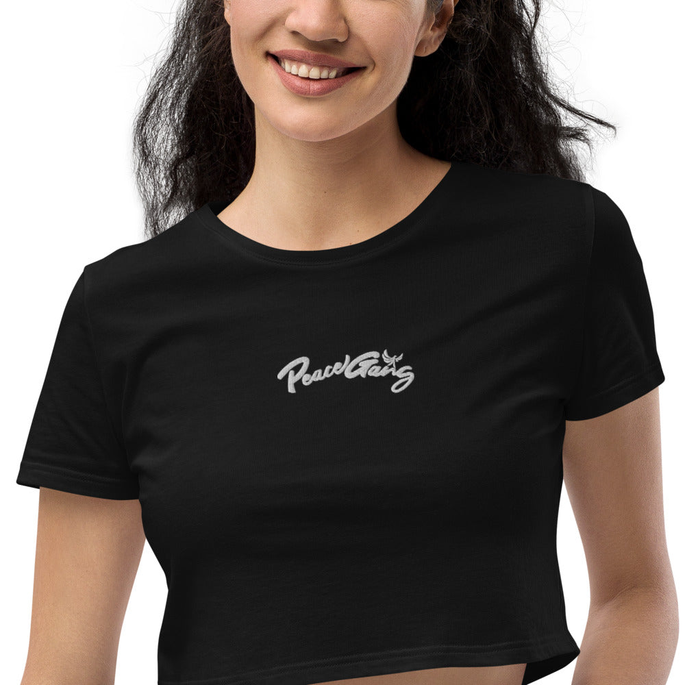 Women's Embroidered Organic Crop Top Black & White PEACE GANG