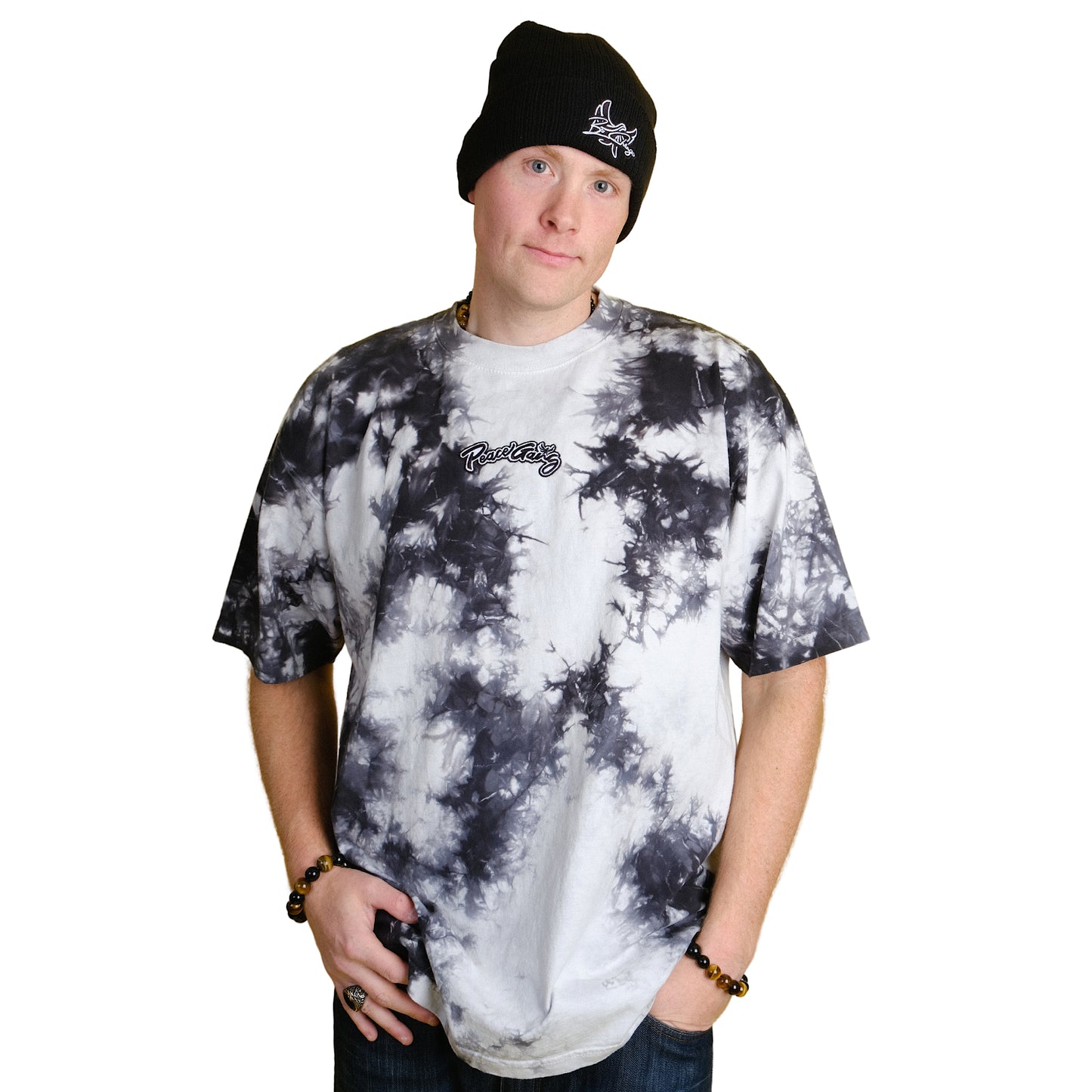 Embroidered Oversized tie-dye t-shirt - PEACE GANG Cursive