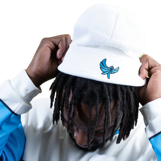Embroidered Beanie White/Teal Blue - PEACE GANG